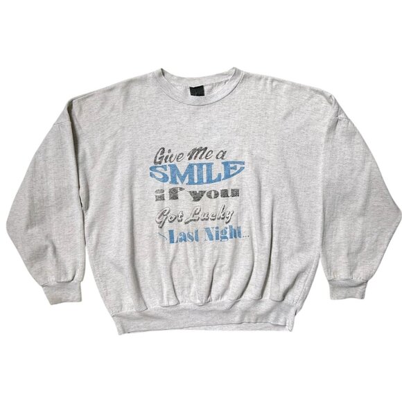 Vintage Smile if you Got Lucky Sweatshirt Crewneck Slogan Joke Distressed Boxy. - Picture 1 of 7
